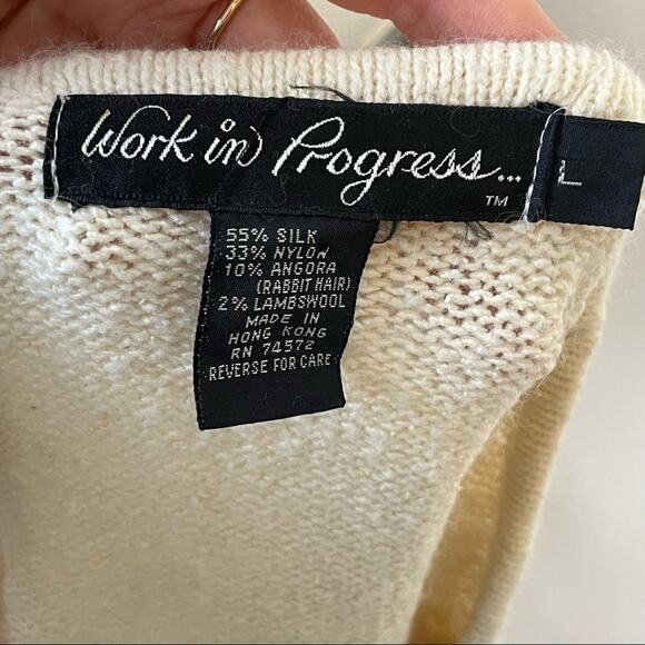 VINTAGE cream embellished & embroidered silk angora wool grandma sweater large - Picture 5 of 6